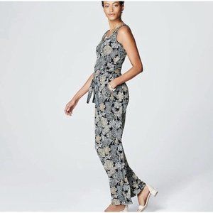 J. Jill Wearever Wide Leg Jumpsuit Black Floral V-Neck Tie Belt Size Large